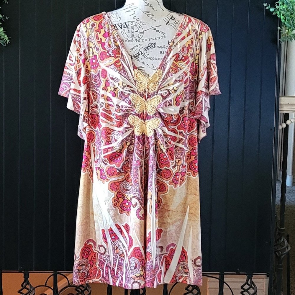 One World Womens Plus Size Orange/Yellow Jeweled Butterfly Front Tunic (3X)